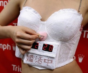 A model displays lingerie maker Triumph International's new "Konkatsu Bra", literally meaning "marriage hunting" bra, during an unveiling in Tokyo