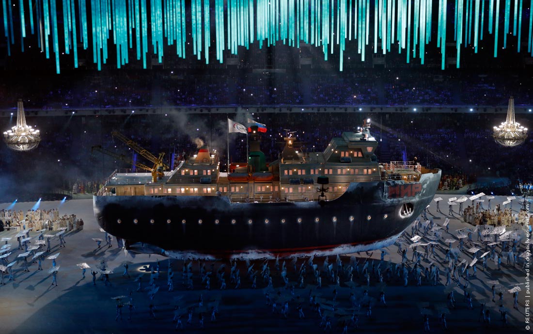 An icebreaker ship called 'Peace' carries the Paralympic and Russian flags during the opening ceremony of the 2014 Paralympic Winter Games in Sochi