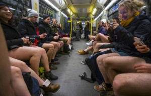 People take part in the No Pants Subway Ride in Berlin