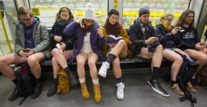 People take part in the No Pants Subway Ride in Berlin