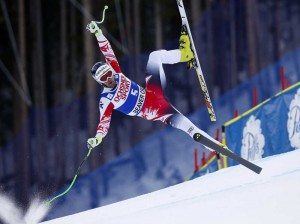 Vincent Kriechmayr, of Austria, loses control during his run at the men's World Cup super-G ski race Saturday, Dec. 6, 2014, in Beaver Creek, Colo. (AP Photo/Alessandro Trovati)